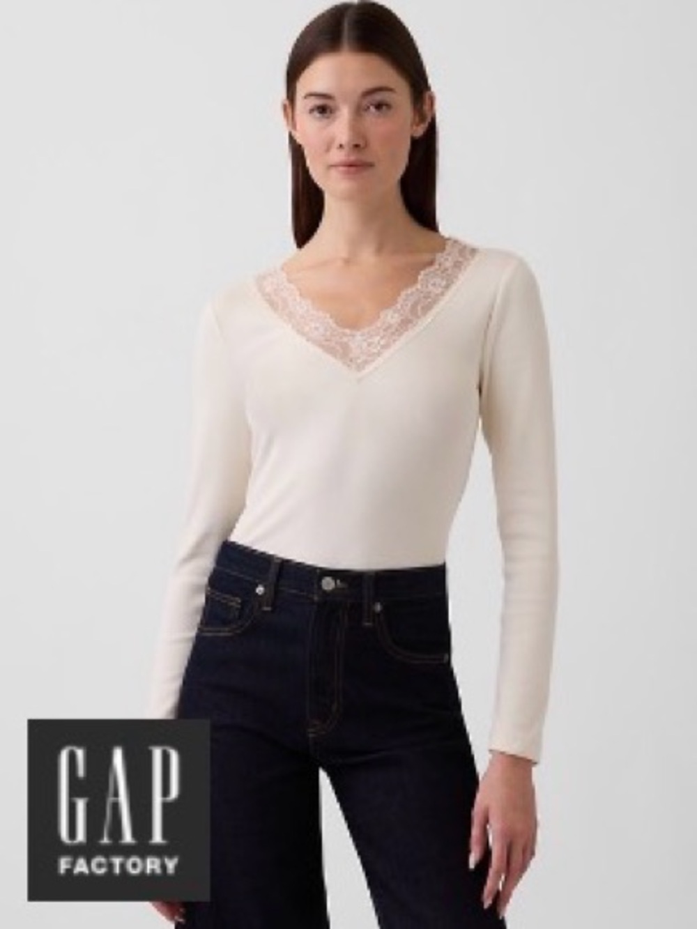 GAP White Lace-Trim V-Neck Long Sleeve Top Small
